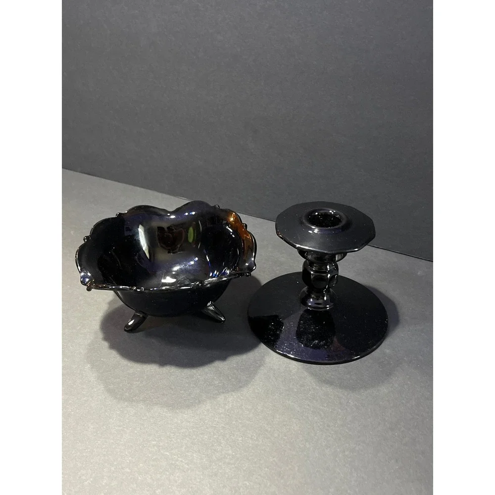 Vintage Amethyst Black Glass Footed Nut Bowl and Candlestick Holder Set
